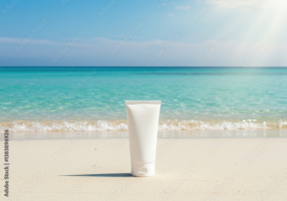 White tube of sunscreen on a sandy beach with blue ocean and sky on a bright sunny day scene view White tube of sunscreen on a sandy beach with blue ocean and sky on a bright sunny day scene view