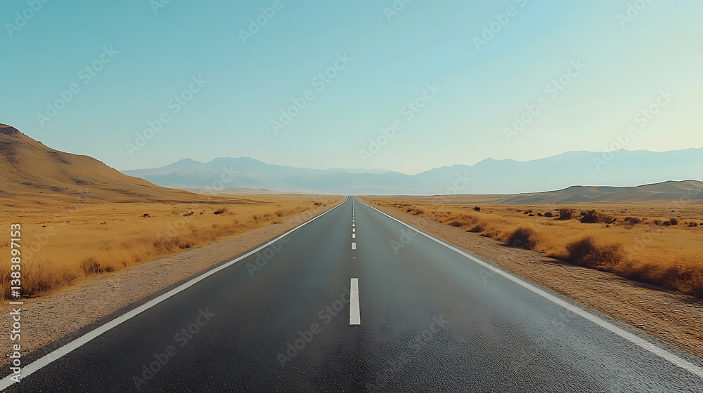 A long, asphalted road with white arrows pointing upwards, symbolizing progress and the journey to success, the clear sky and distant horizon evoke a sense of endless possibilities and determination