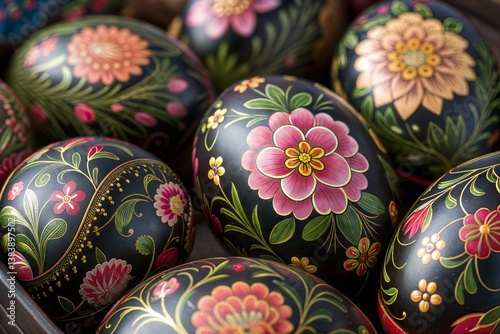 Traditional Easter Egg Art: Intricate Matryoshka Floral Designs on a Dark Background