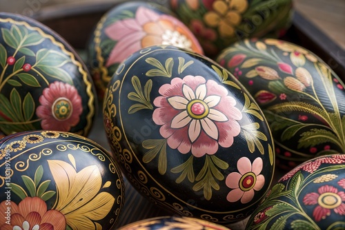 Traditional Easter Egg Art: Intricate Matryoshka Floral Designs on a Dark Background