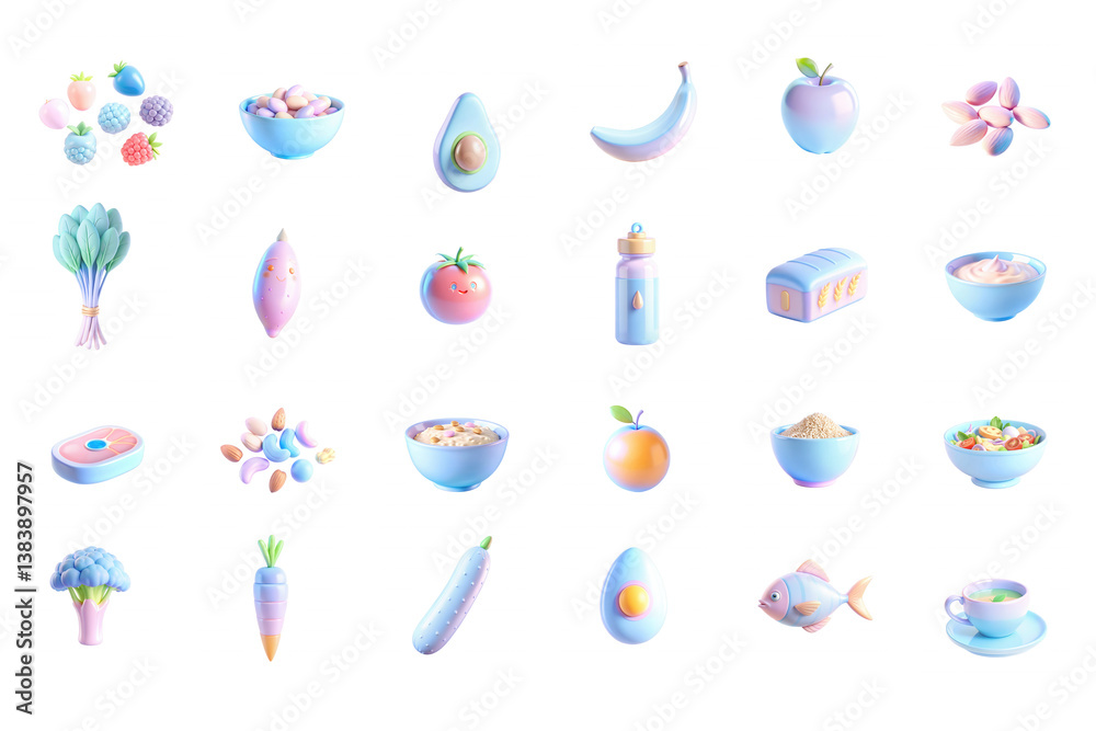 Obraz premium A vibrant collection of 3D food icons featuring fruits, desserts, and various dishes rendered in pastel colors. Perfect for culinary designs.
