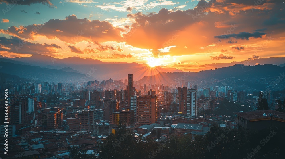 Fototapeta premium Golden Sunset over Medellin Cityscape: Breathtaking Panoramic View