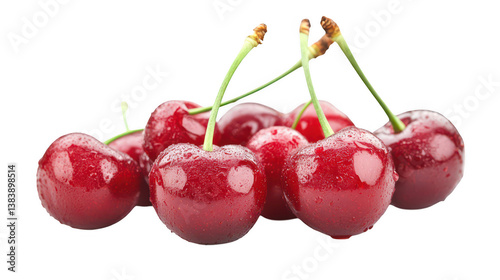 Fresh shiny red cherries with green stems high-quality food photography