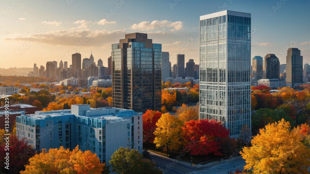 Obraz premium City skyline during autumn with colorful trees and modern architecture at sunset in an urban setting