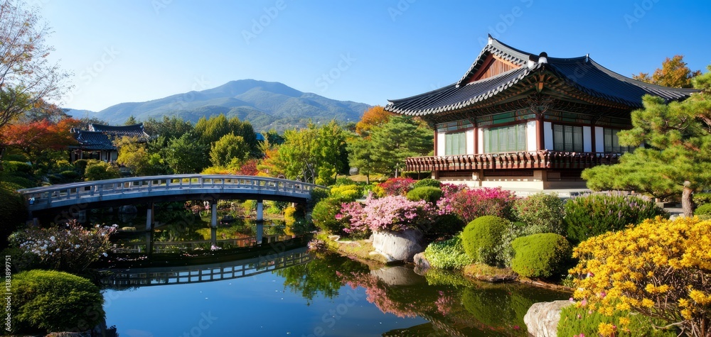Fototapeta premium Serene Japanese Garden with Pond and Traditional Architecture