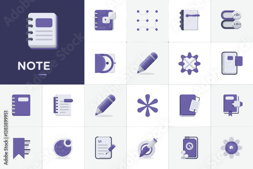 Notes icon pack in deep purple and white flat style - vector school and productivity symbol set