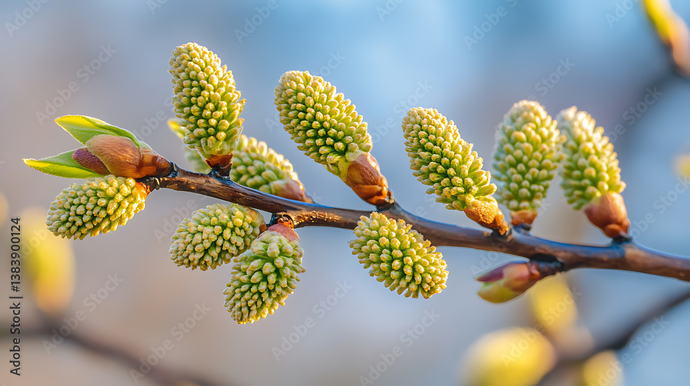 A tree branch in early spring with bursting buds in the early morning sunlight A tree branch in early spring with bursting buds in the early morning sunlight