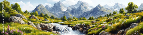 Breathtaking Scenic Vector Landscape Illustration Featuring Majestic Mountain Ranges with Snow Peaks Crystal Clear Flowing Stream Blooming Wildflowers Trees and Lush Green Valley