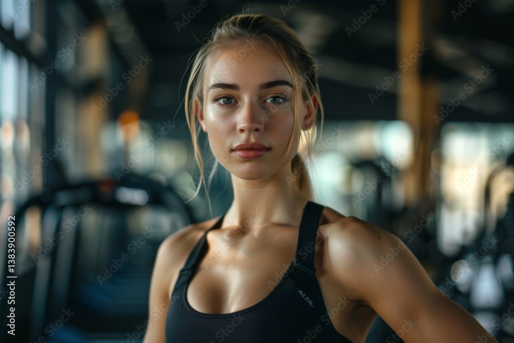 Fototapeta premium Portrait of a young female caucasian fitness trainer in workout attire at the gym