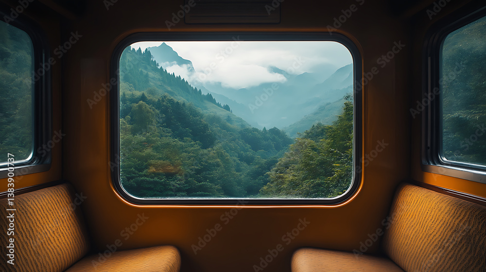 Fototapeta premium Widok z wnętrza pociągu, widok przez okno, góry i las