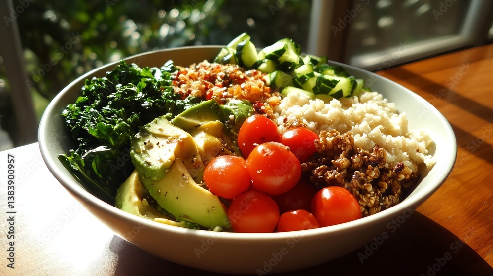 Close up of a vibrant salad bowl with fresh vegetables and grains on a wooden table in natural light Close up of a vibrant salad bowl with fresh vegetables and grains on a wooden table in natural light