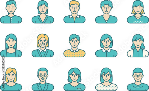 Person icon pack in teal and ivory flat style - profile vector set for accounts and HR platforms