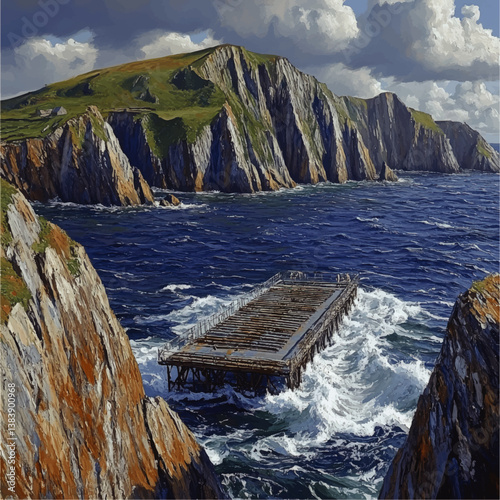 Stunning Vector Illustration of Coastal Landscape with Rocky Cliffs Green Hills Ocean Waves Wooden Pier Dramatic Clouds Scenic Nature Digital Art Design Inspiration