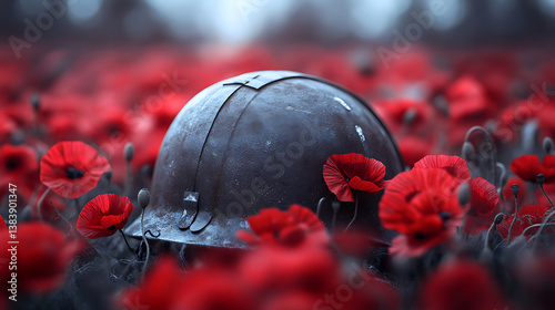 A world war military helmet with red poppies, remembrance and armistice day symbol