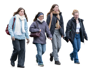 Group of young women walking together on a chilly autumn day and talking isolated on transparent background