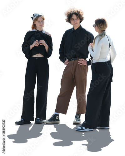 Group of backlit three young people standing and talking outside in the street isolated on transparent backround