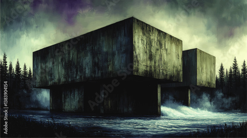 Mystical Dark Forest Scene Featuring Brutalist Architecture Cubic Concrete Buildings with River Water Flow Surrounded by Tall Pine Trees Evoking Moody Dramatic Ambiance