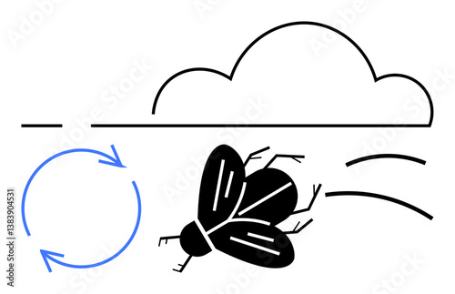 Black fly in motion beneath a cloud with blue recycling loop indicating cycles, movement, and environmental themes. Ideal for sustainability, nature, ecosystem, life cycle, waste management