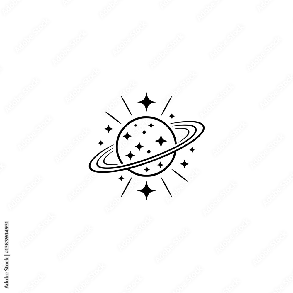 Fototapeta premium Minimalist Planet Icon with Stars: Modern Space Logo, Black & White