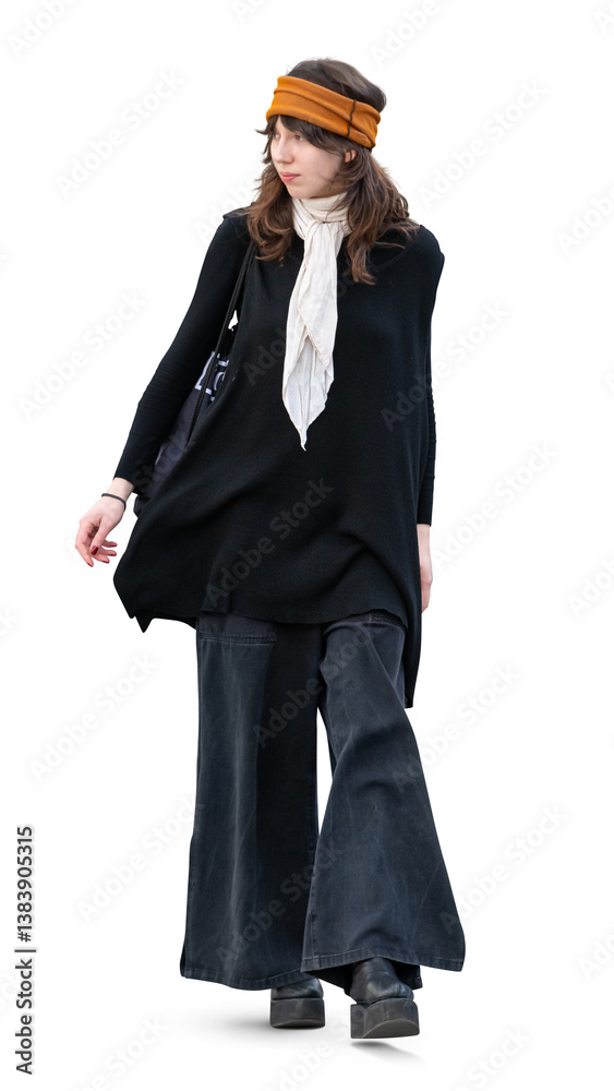 Stylish young woman with a headband walking confidently isolated on transparent background Stylish young woman with a headband walking confidently isolated on transparent background