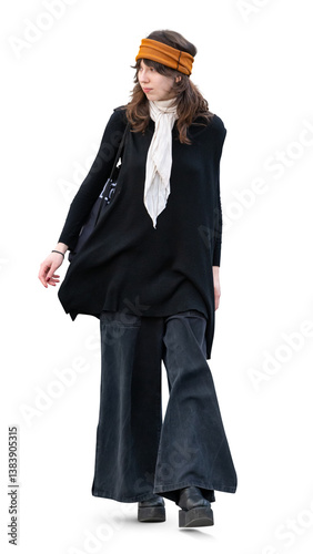 Stylish young woman with a headband walking confidently isolated on transparent background
