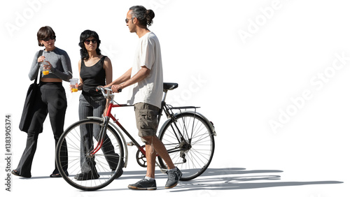 Multinational group of friends with a bicycle walking casually down the street and chatting isolated on transparent background