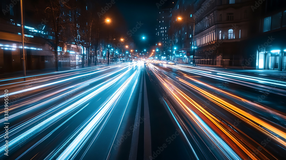 Futuristic car in movement with lights on the road at night time, timelapse of night driving on illuminated streets Futuristic car in movement with lights on the road at night time, timelapse of night driving on illuminated streets