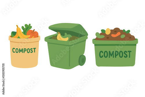 Set of compost bins with food scraps and organic waste for eco lifestyle and recycling themes.