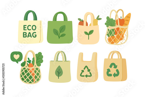 Collection of reusable eco bags with vegetables, leaves, and recycling symbols. Perfect for eco lifestyle themes.