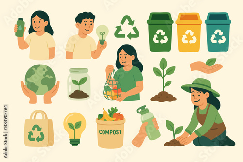 Sustainable lifestyle vector set with reusable items, recycling bins, seedlings, and eco-friendly people.