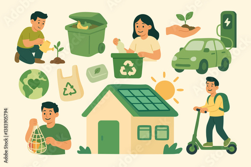 Collection of eco lifestyle elements: recycling, solar energy, planting, composting and sustainable habits.