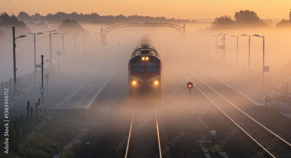 Fototapeta premium Train Emerging from Morning Mist - A train emerges from a misty morning landscape, creating a serene and atmospheric scene