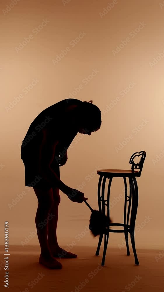 silhueta de homem com espanador fazendo faxina 