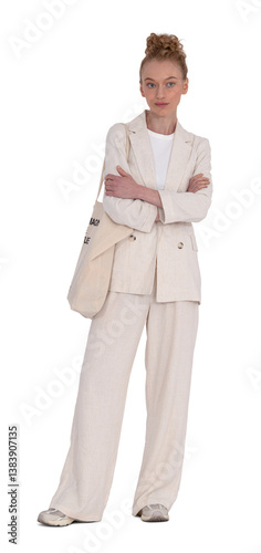 Fashionable woman in a trendy white suit standing casually isolated on transparent background