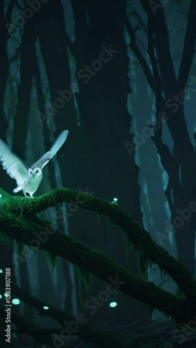 Magical white owl perched on a glowing mossy branch in a dark enchanted forest, surrounded by luminous particles.