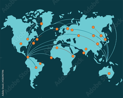 Global Network Illustration: World Map with Connecting Lines and Dots