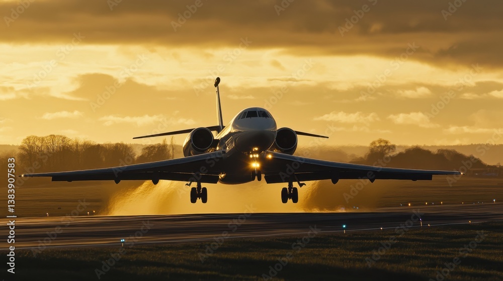 Fototapeta premium Private jet takes off from runway at sunset, showcasing dramatic light and dynamic movement, with water vapor rising from the tarmac creating a visually striking scene.
