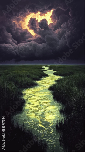 Dramatic Vector Illustration of Storm Clouds and Lightning over Wetlands with Illuminated Green Marsh River Depicting Moody Atmospheric Natural Landscape Artwork