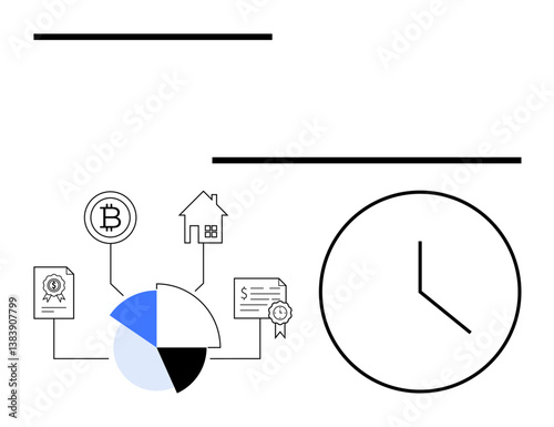 Connected elements including pie chart, bitcoin, house, certificate, and large clock. Ideal for finance, strategy, investment planning time management blockchain analytics. Flat simple metaphor