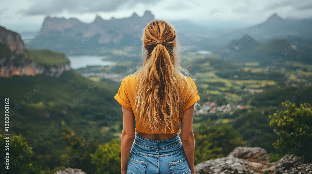 Naklejka premium Lost in Panoramic View: A woman with flowing blonde hair stands on a cliff, gazing at the awe-inspiring vista of rolling mountains and verdant valleys.
