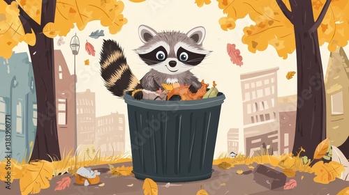 Curious Raccoon Digging Through Trash Bin on City Street Surrounded by Autumn Leaves