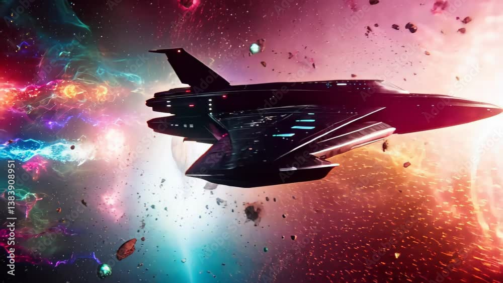 A black futuristic spaceship approaches a glowing white portal surrounded by colorful nebulae and floating debris

