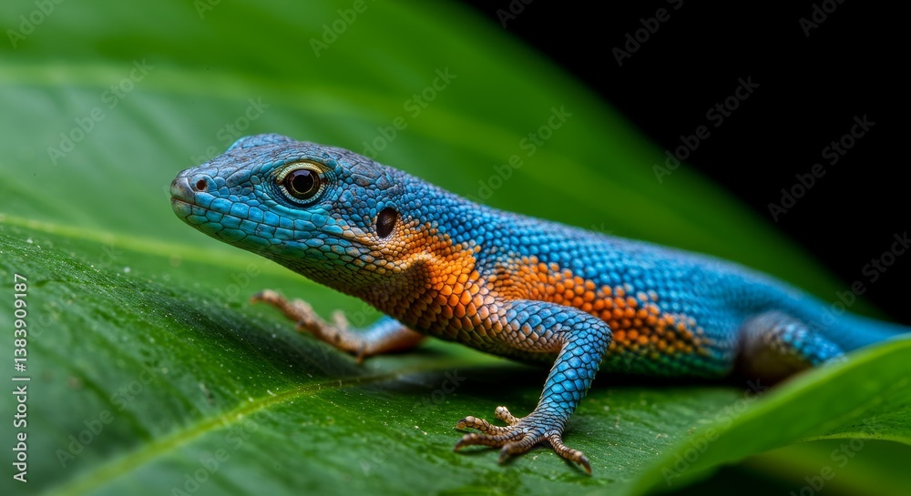 Fototapeta premium Vibrant Blue and Orange Lizard on Lush Green Leaf - A small, brilliantly colored lizard with blue and orange scales rests on a vibrant green leaf. Symbolizing nature, vibrancy, beauty, fragility