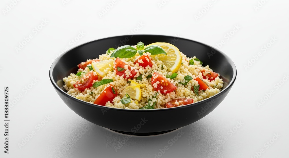 Vibrant Couscous Salad with Lemon and Tomatoes - Fresh couscous salad, bursting with color and flavor. Represents healthy eating, Mediterranean cuisine, summer vibrancy, light meal Vibrant Couscous Salad with Lemon and Tomatoes - Fresh couscous salad, bursting with color and flavor. Represents healthy eating, Mediterranean cuisine, summer vibrancy, light meal