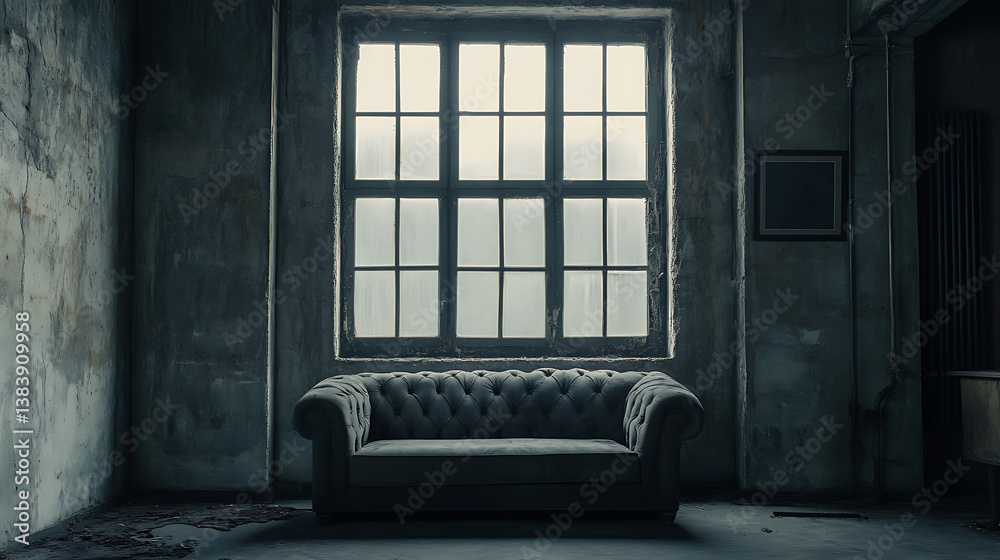 Grey sofa against window in grunge room with concrete walls, loft home interior design of modern living room Grey sofa against window in grunge room with concrete walls, loft home interior design of modern living room