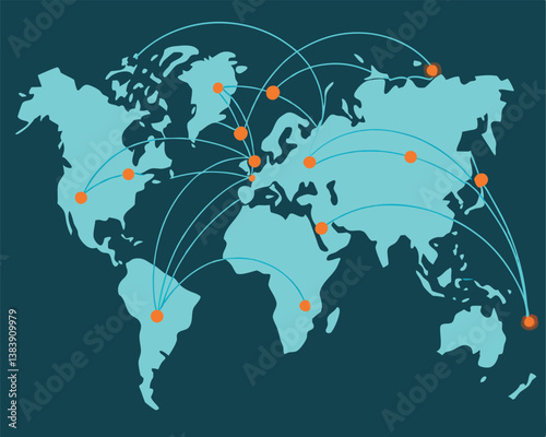 Global Network Illustration: World Map with Connecting Lines and Dots