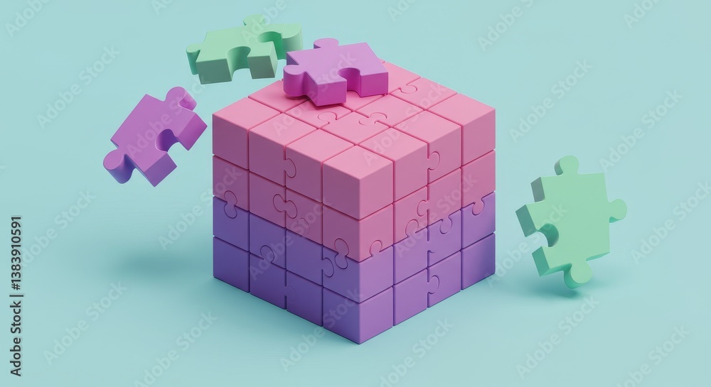 Naklejka premium Vibrant Puzzle Cube: Unity and Creative Solutions - Symbolizing teamwork, innovation, problem-solving, collaboration, and strategic thinking through a playful puzzle cube