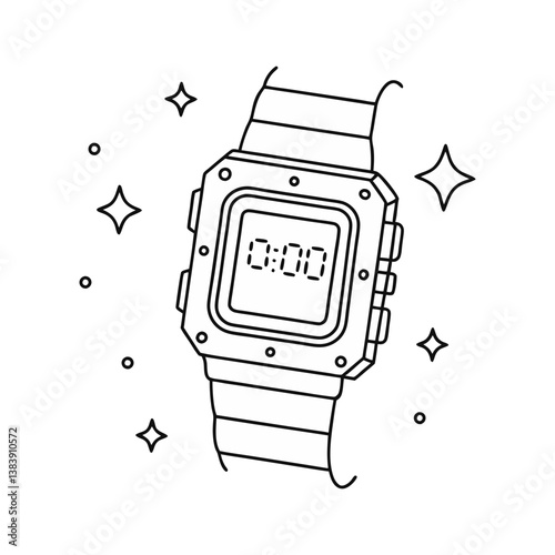 Digital wristwatch vector with a retro design, outlined in black and surrounded by sparkles for a clean, minimal tech aesthetic.