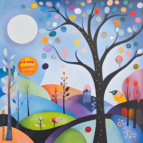 Illustration of a tree and houses. Naive art. Illustration of a tree with colorful eggs in the background of the sky
