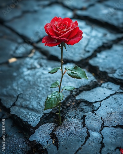 A single red rose growing through a cracked concrete sidewalk, symbolizing hope and resilience, dramatic lighting, high-contrast textures, ultra-sharp details, professional fine-art photography